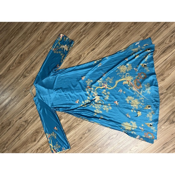 Natori Robe Womens Large Blue Kimono Long Sleeve Bird Floral Embroidered 55in - Picture 4 of 16